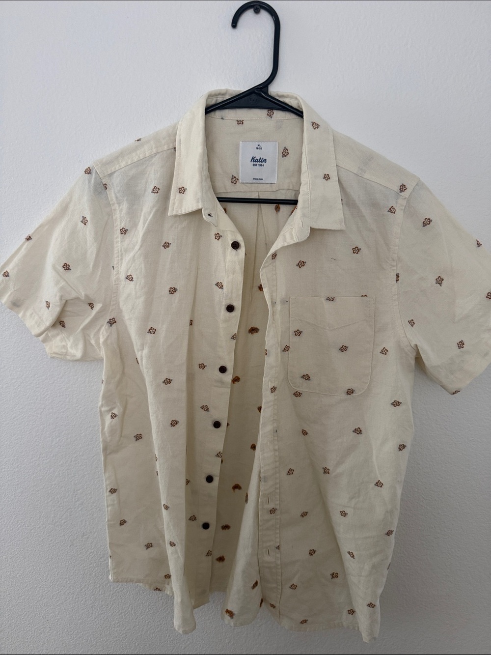 Katin Cream Short Sleeve Button-Down with Brown Micro Print